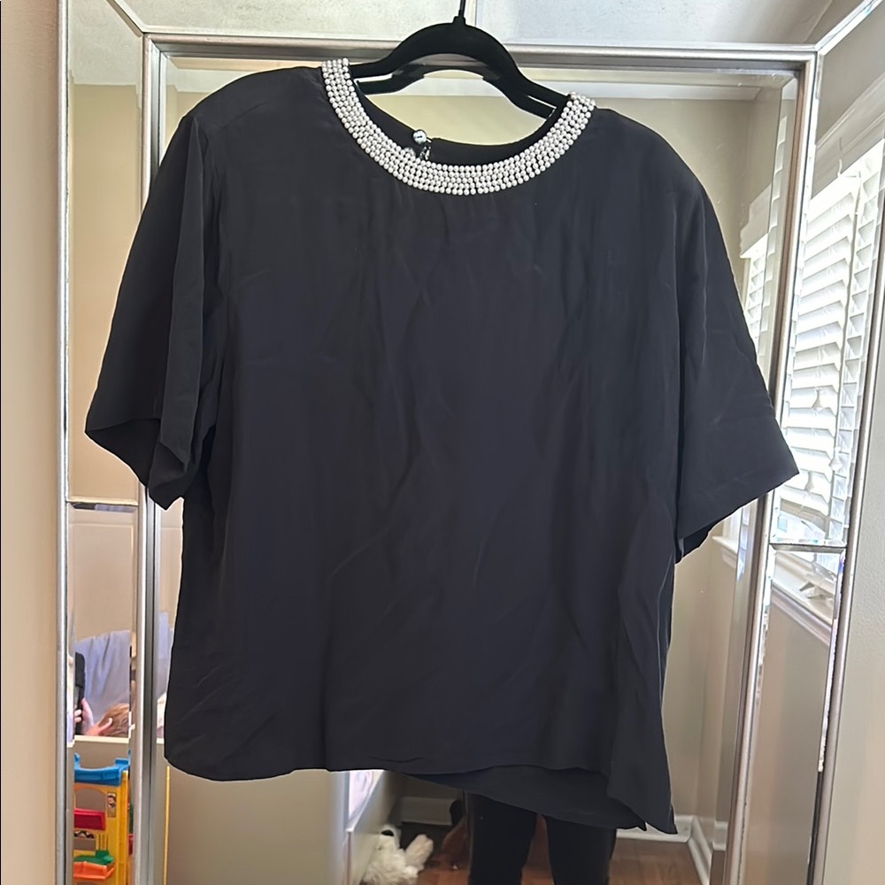 100% Silk Elegant Black Top with Embellished Collar